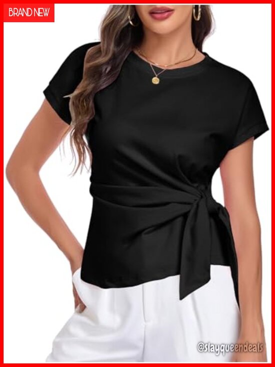 Tops - Cap Sleeve Tie Waist Wrap Top Blouse Crew Neck Dressy Casual Loose Fit Work Tee